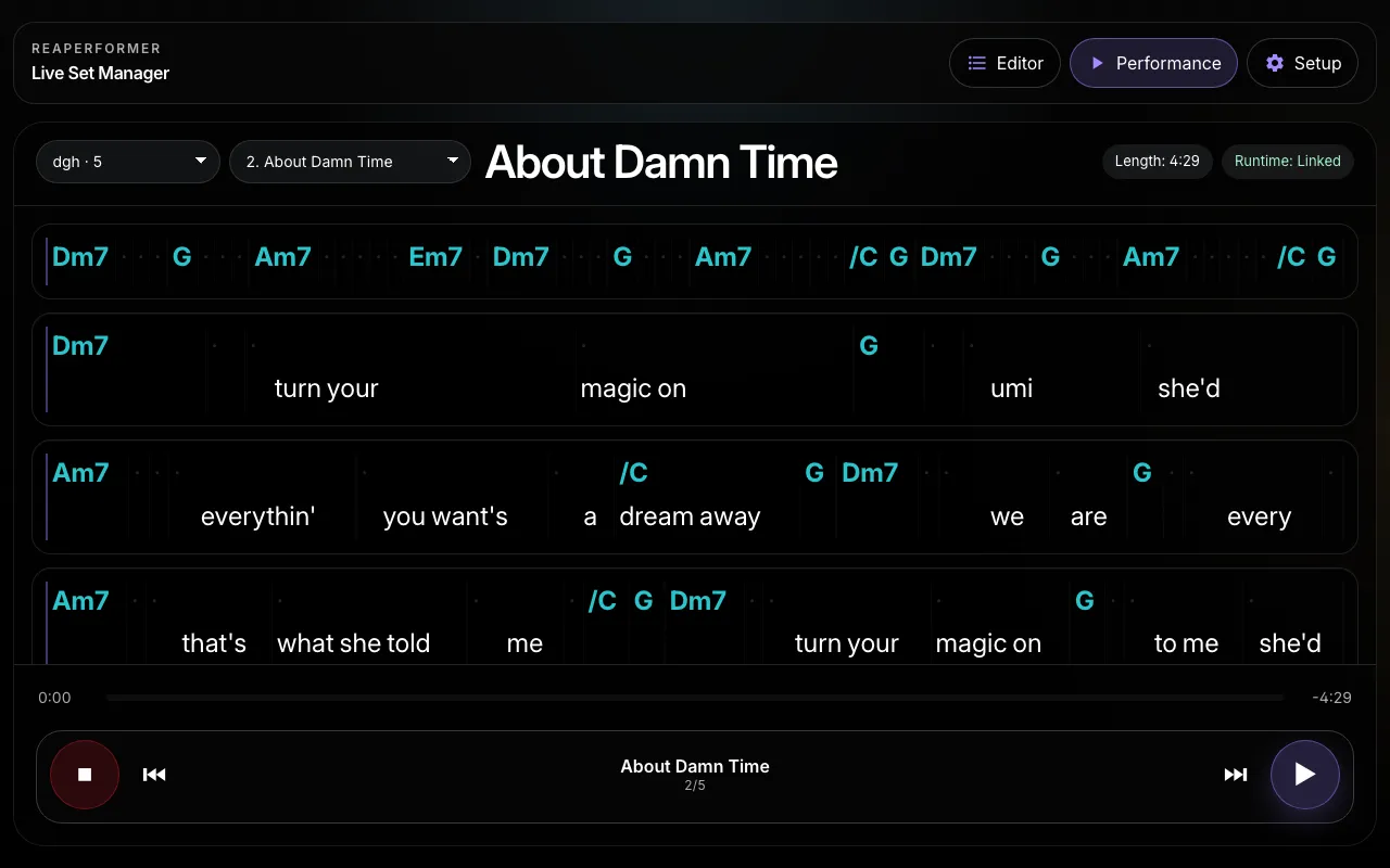 Prest Performance view showing a song, synchronized chords and lyrics, progress, and transport controls