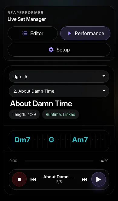 Prest Performance view on a phone: song title, chords, and transport controls